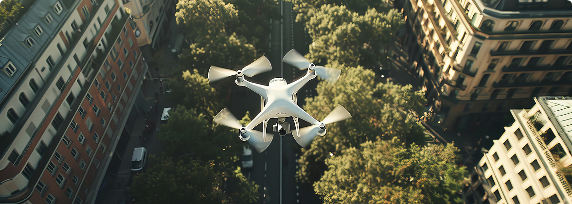 drone flying above sky - buildings & trees shown